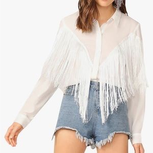 Fringe Long Sleeve Button Up Blouse